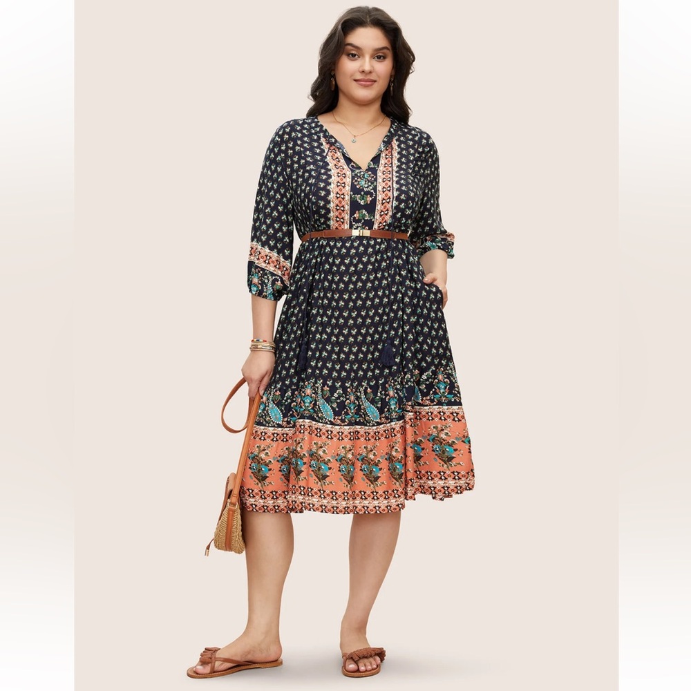 BloomChic Mixed Print V-neck Boho Ballon 3/4  Sleeve Side Pockets V-Neck Dress